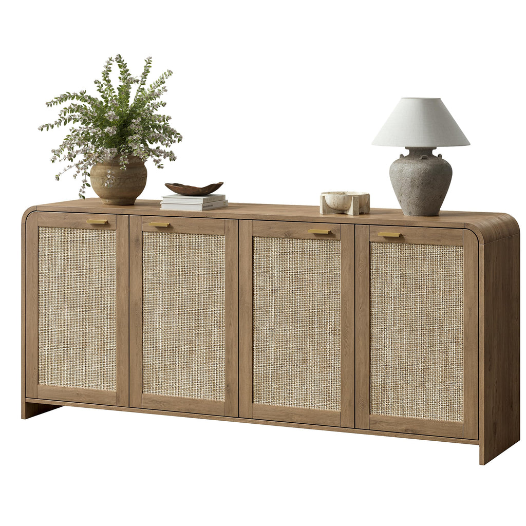 67" Rattan Sideboard Buffet Cabinet with Storage, Caramel Oak