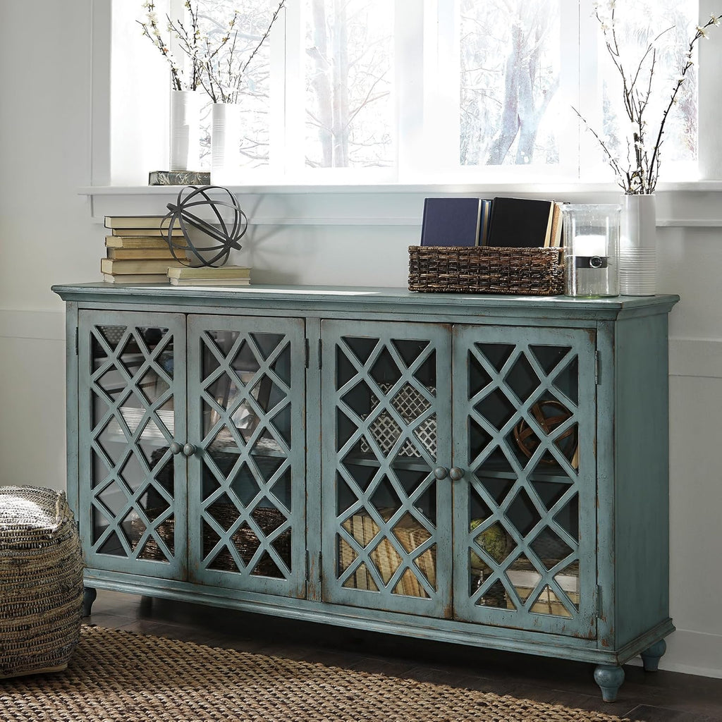 Mirimyn Vintage 69" 4-Door Accent Cabinet with Mirrored Glass and 2 Adjustable Shelves, Antique Blue