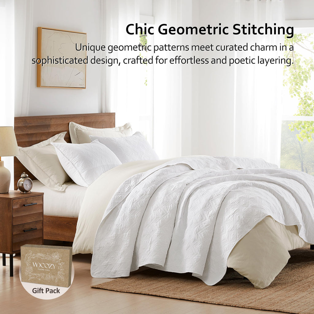 100% Cotton White Oversized Quilt Bedding Sets with 2 Pillow Shams, Shabby Chic Rustic Textured