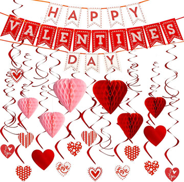 Valentines Day Swirl String Cutout,Decoration Kit with Banner, Garland, Foil Swirls, Hanging Swirls with Heart - Set of 31