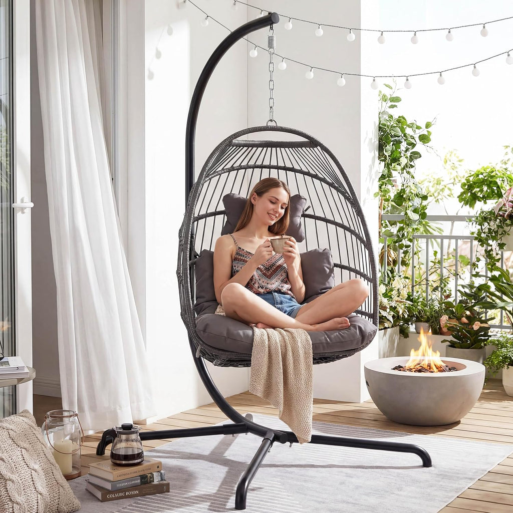 Comfy Indoor Outdoor Egg Chair, Patio Wicker Egg Shaped Swing Chair with Stand, Hanging Basket Seating with Cushion