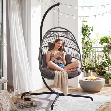 Comfy Indoor Outdoor Egg Chair, Patio Wicker Egg Shaped Swing Chair with Stand, Hanging Basket Seating with Cushion