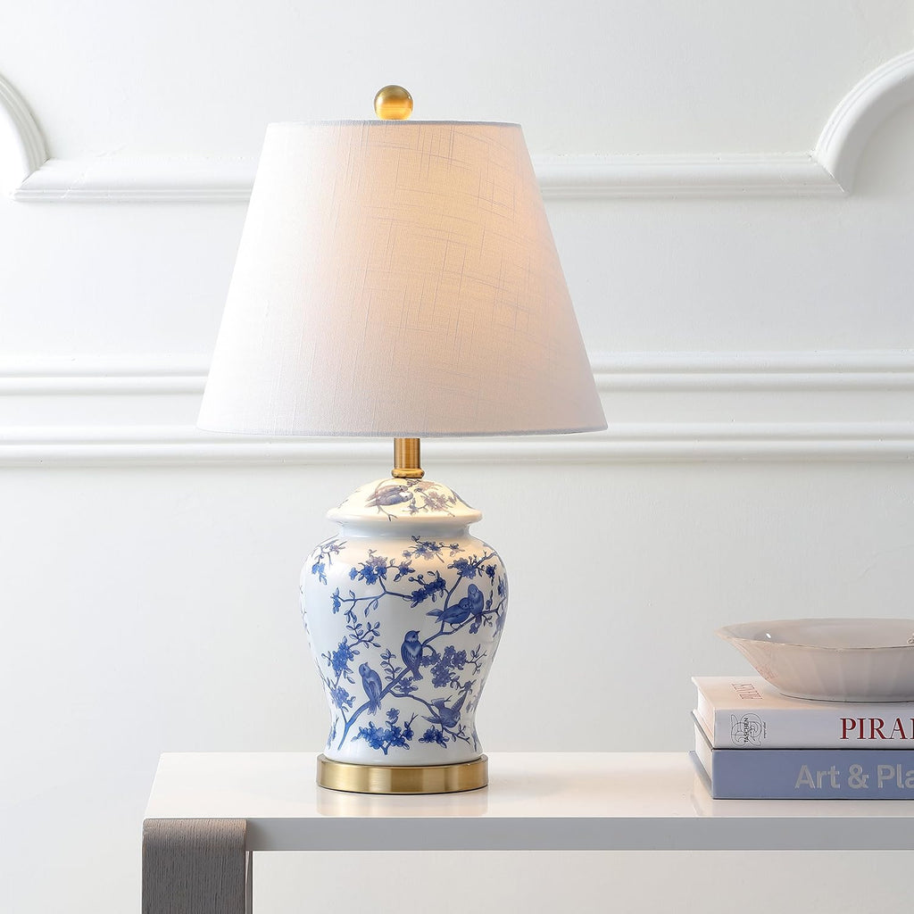22" Blue/White Ceramic Table Lamp, French Country Chinoiserie Ginger Jar LED Bedside Lamp Bedroom, White Linen Shade