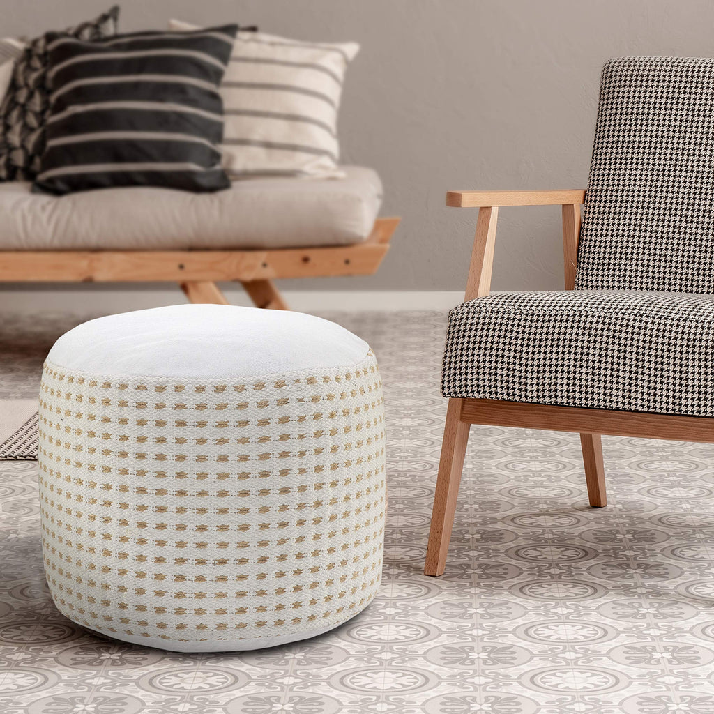 LR Home Ox Bay Handcrafted Dashing Geometric Natural Jute Pouf, White/tan 18" x 18" x 14"