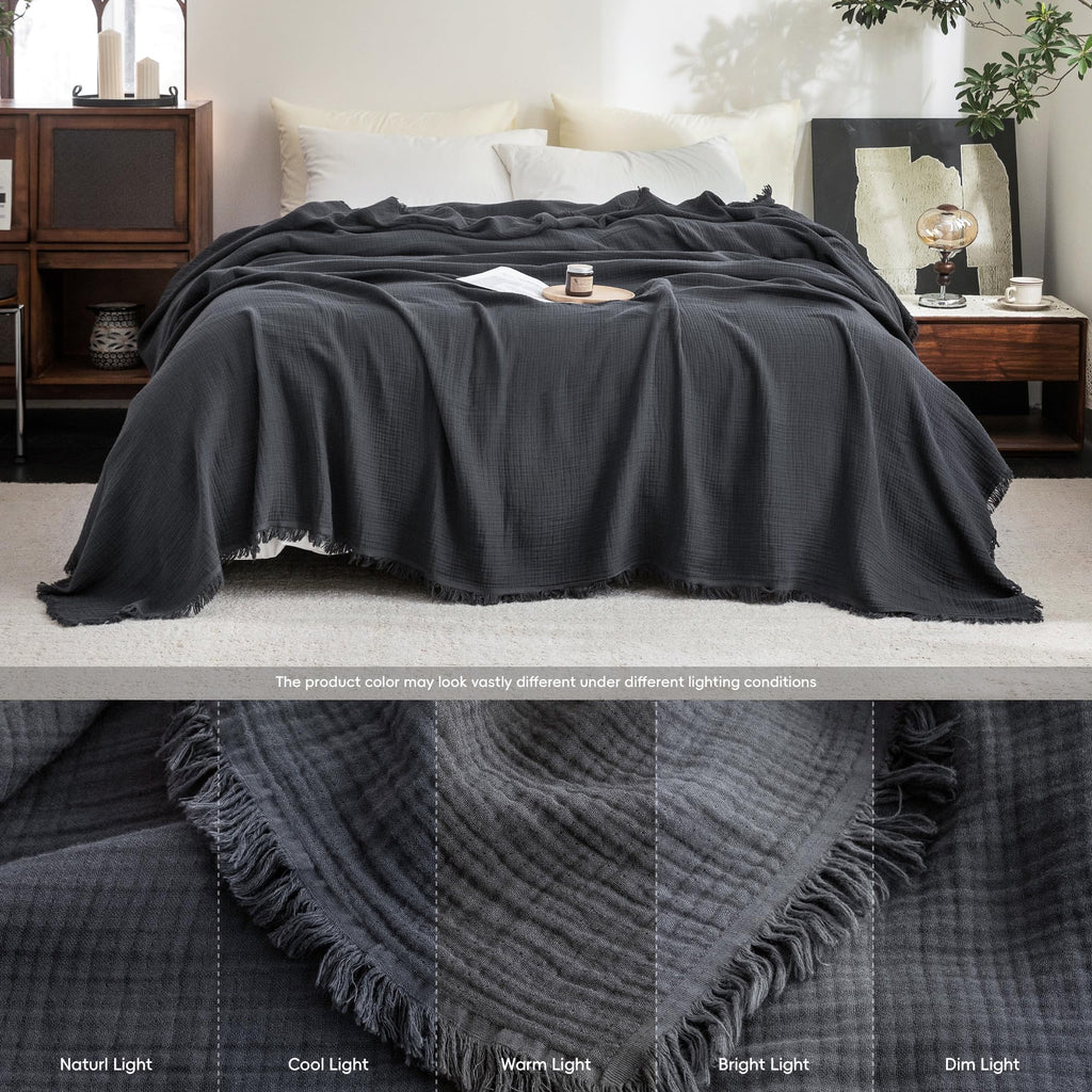 Muslin Blanket 4-Layer 100% Cotton Gauze Blanket with Fringe 66"x90"