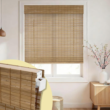 No Drill No Tools Bamboo Roman Shades, Cordless Light Filtering Window Blinds with Valance, Natural Woven Wood Shades