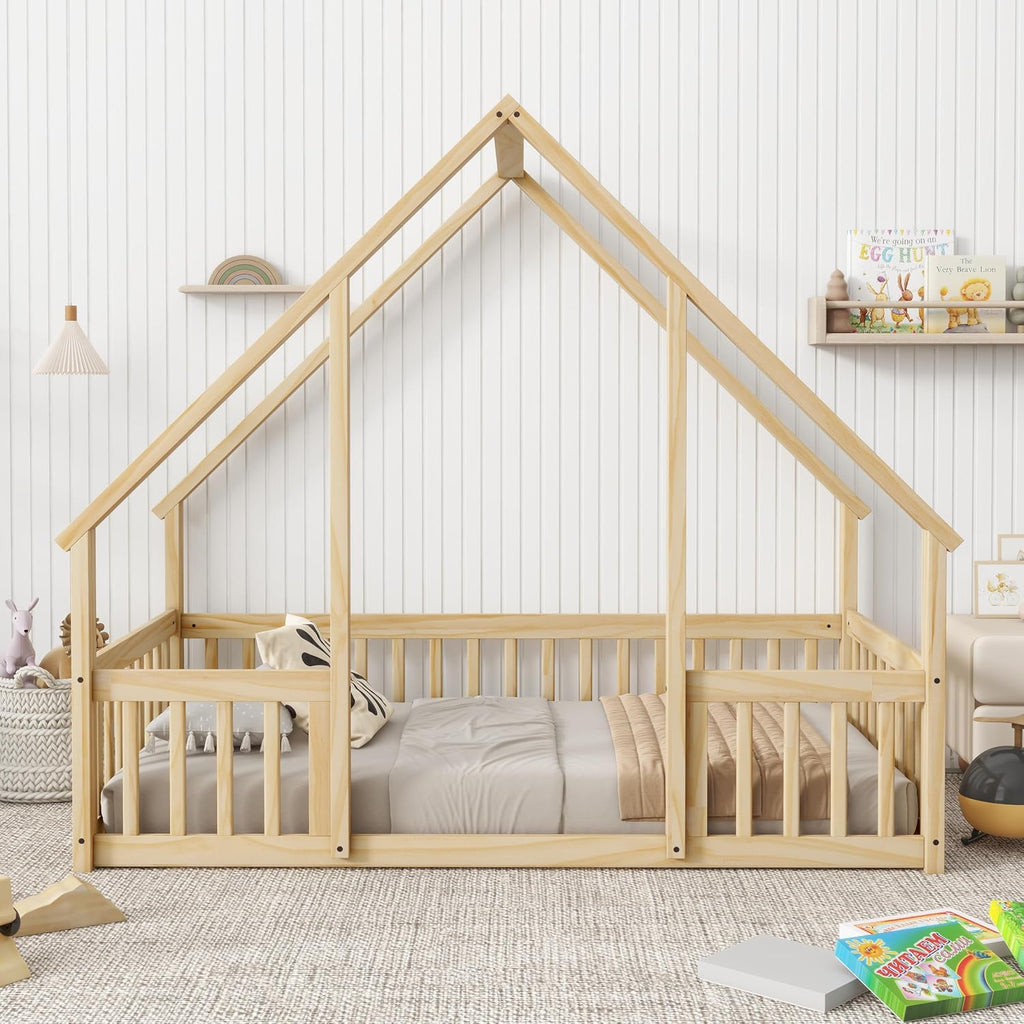 House-Shaped Floor Bed with Safety Guardrails, Natural