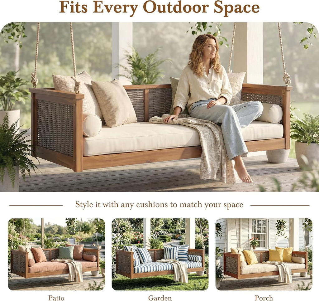 Twin Size Porch Swing Bed, Acacia Wood Outdoor Hanging Daybed with Hemp Rope, Rattan Swing Bench , Backyard, Garden