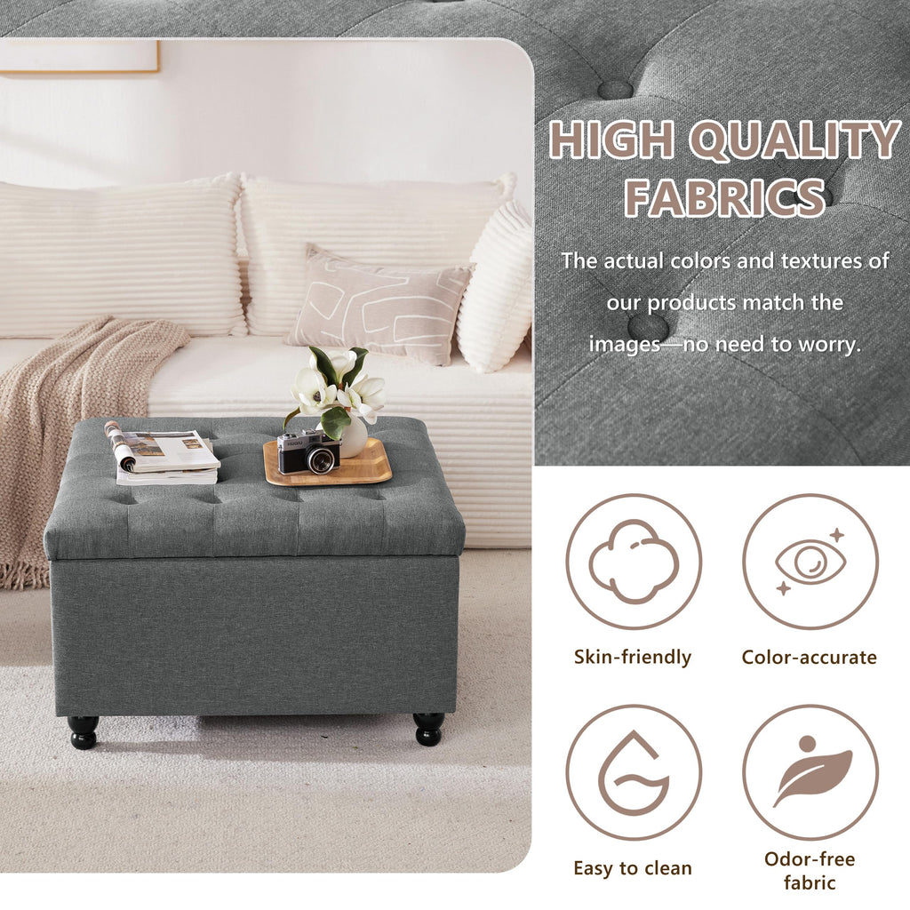28" Large Square Ottoman with Storage, Fabric Ottoman Coffee Table, Grey