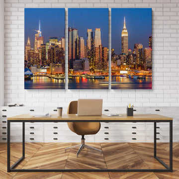 City Skyline Canvas Wall Home Decor Panoramic or Multiple Panel Canvas (3 Piece Large, New York City)