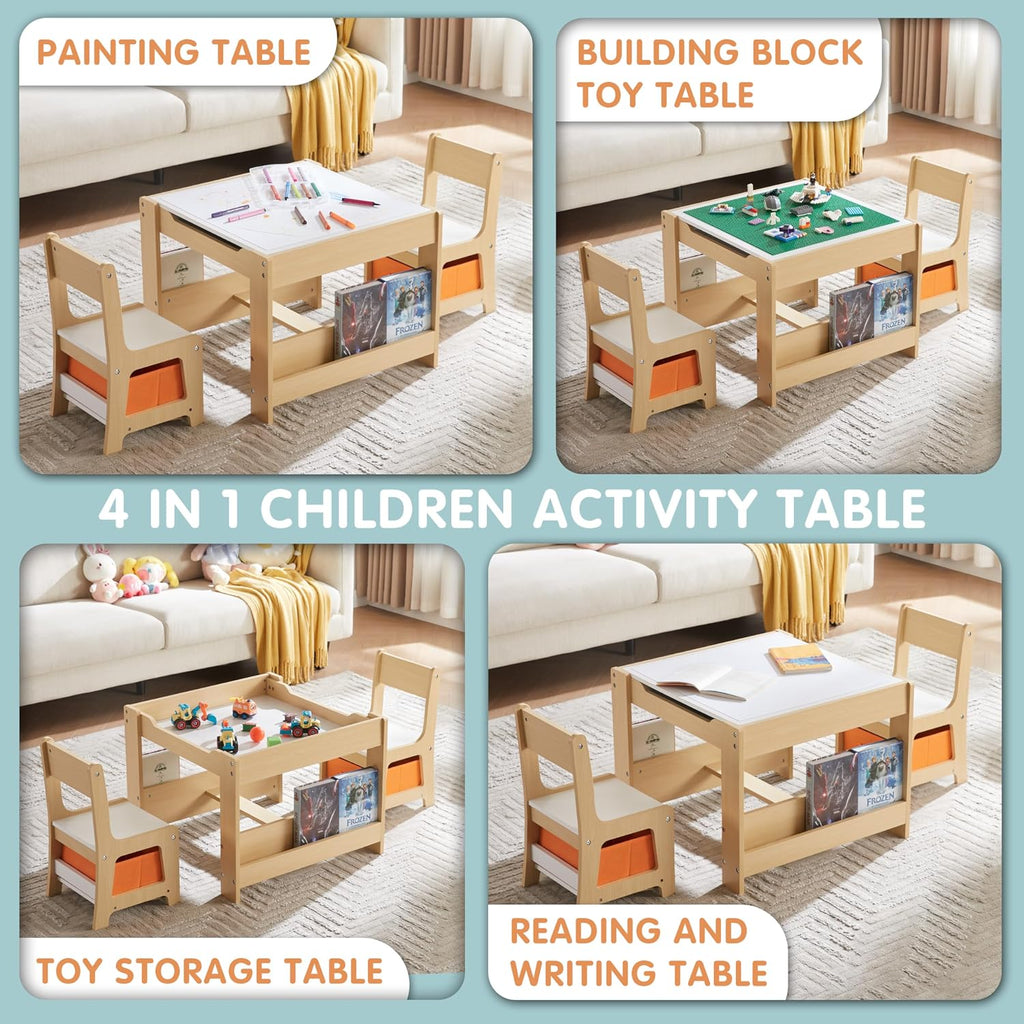 Kids Table and Chair Set, 4 in 1 Wooden Activity Table with Bookshelves and Storage Drawer, 2 in 1 Detachable