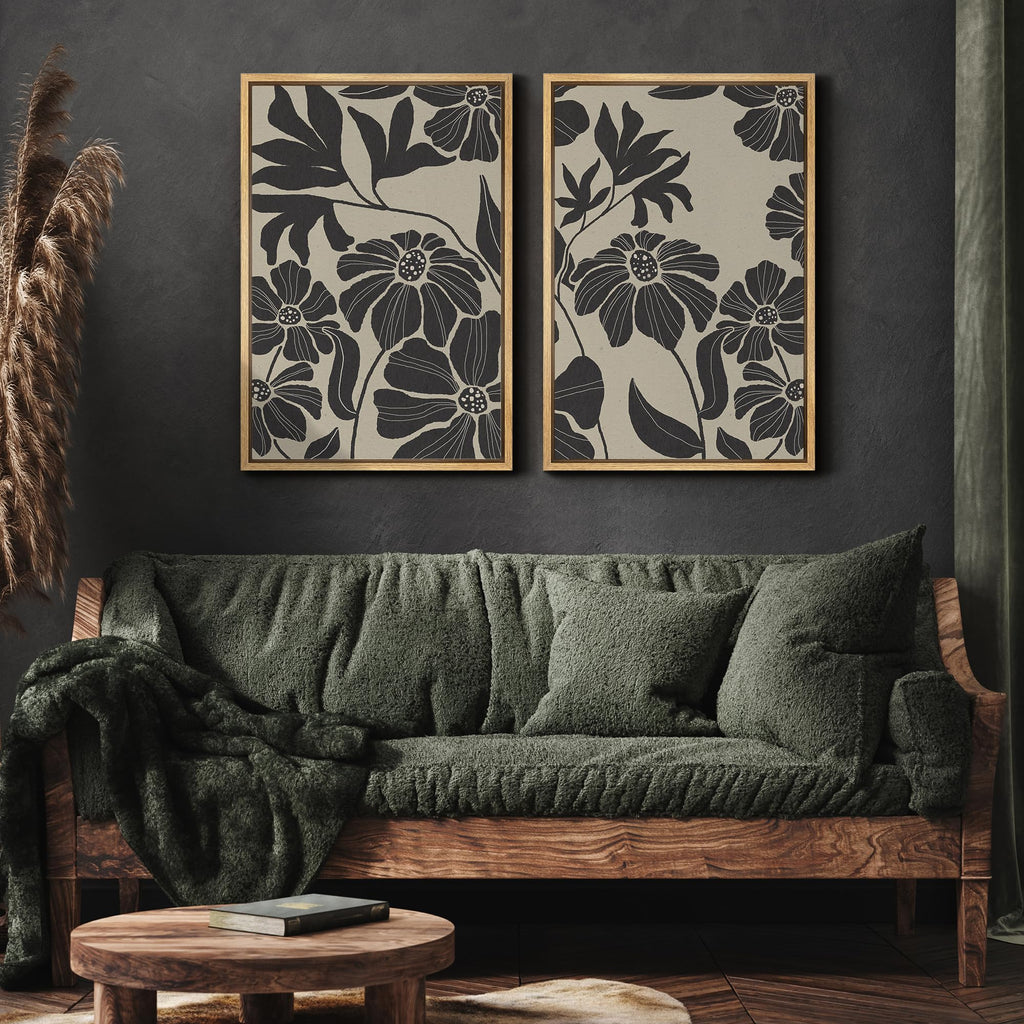 Framed Canvas Print Wall Art Monochrome Floral Botanical Black and White Illustrations Modern Art Decorative Bohemian