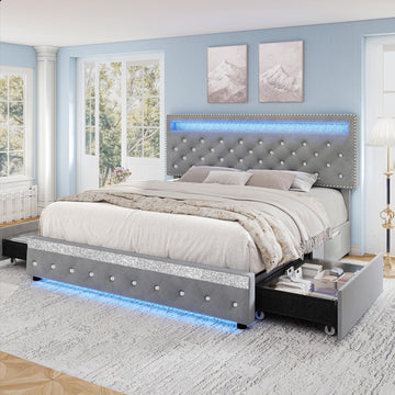 Queen LED Bed Frame with Adjustable Headboard & Drawers, Grey Velvet