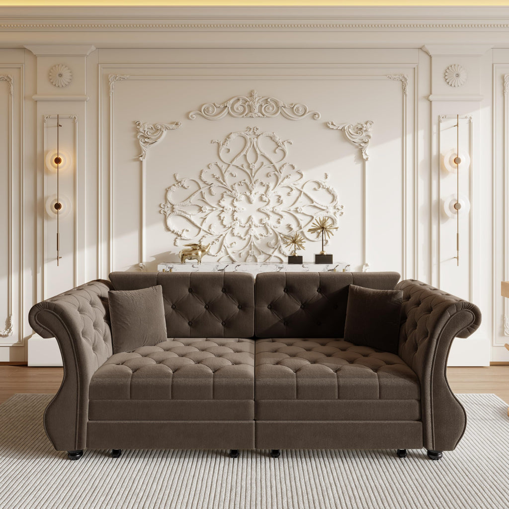 Sleeper Sofa Bed 83.6", Velvet Pull Out Couch, Chesterfield Sofa, Brown