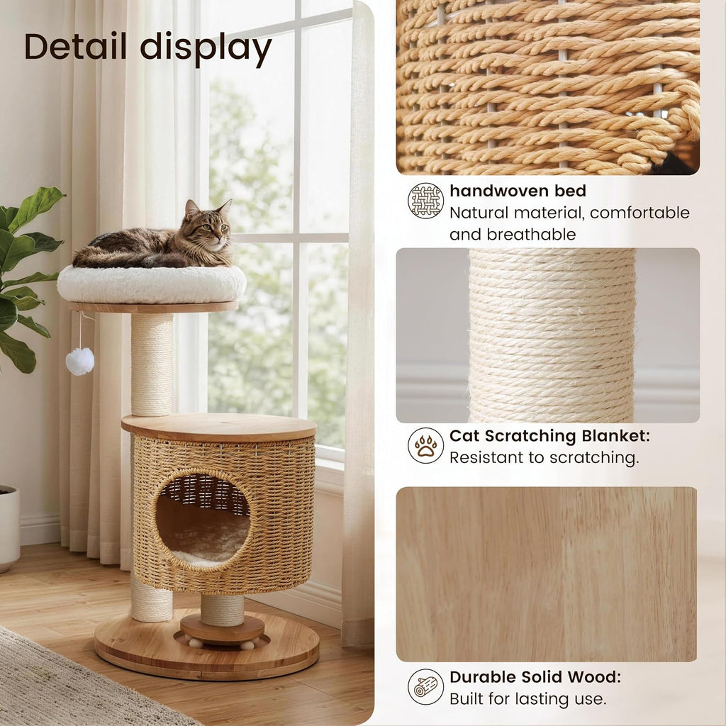 30-Inch Solid Wood Cat Tree Tower for Small to Medium Cats
