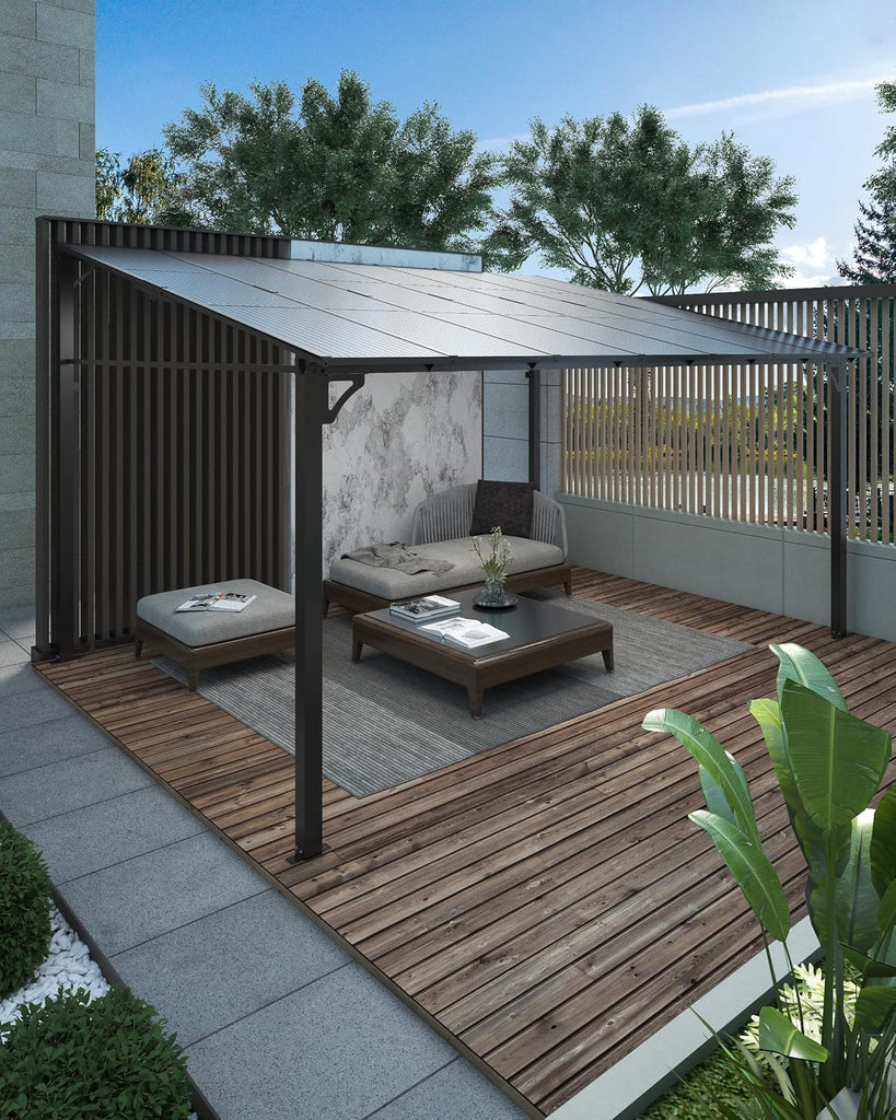 12' x 14' Hardtop Lean-to Gazebo, Wall-Mounted Aluminum Pergola with Polycarbonate Roof – Black