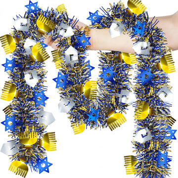 50FT Hanukkah Decorations Tinsel Garland, Blue Gold Silver Shiny Metallic Tinsel Twist Hanukkah Garland with Dreidel - Set of 50
