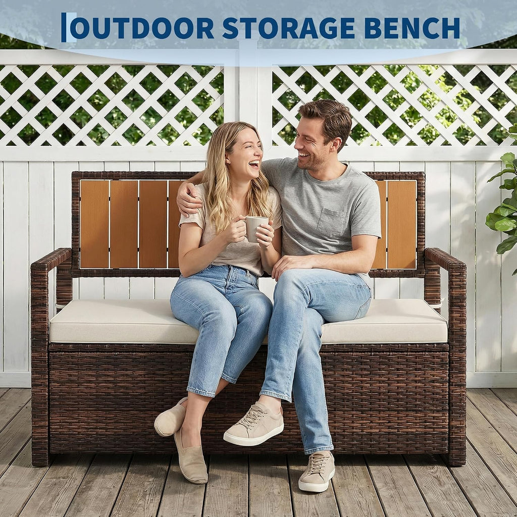 75 Gallon Outdoor Storage Bench with Cushion, 2-Seater PE Rattan Patio Storage Box with Backrest & Armrests