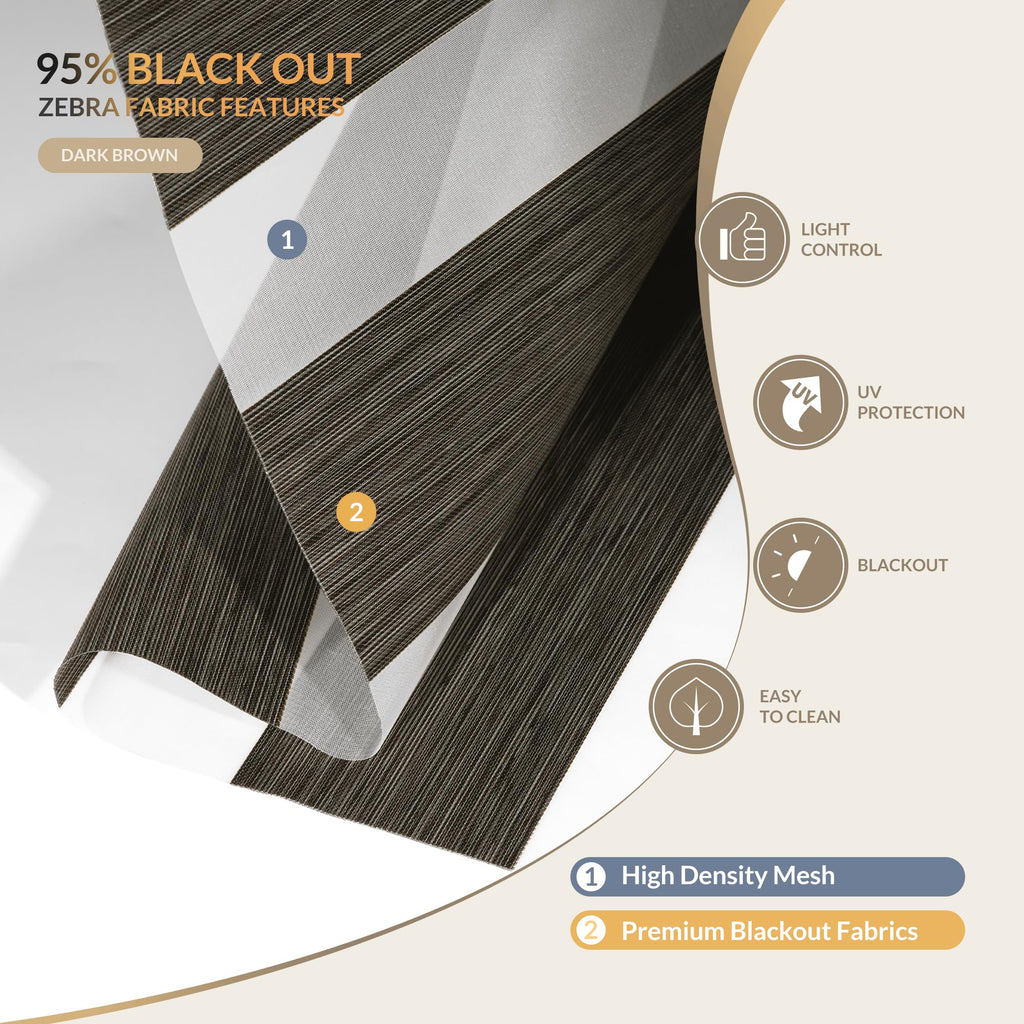Motorized Zebra Blinds with Remote, APP Control - 95% Blackout Dark Brown