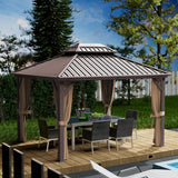 10'x12' Hardtop Gazebo - Permanent Metal Pavilion with Netting and Shaded Curtains for Patio, Backyard