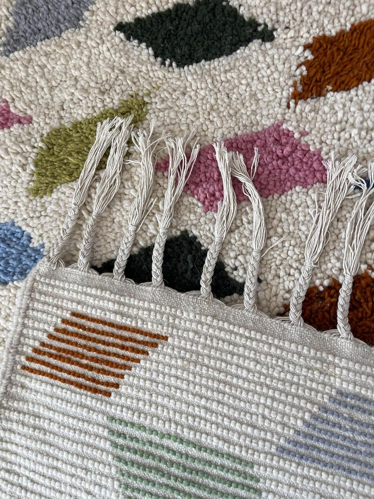 Handmade Moroccan Berber Wool Rug 6' x 9', 100% Wool High Pile Shag, Ivory/Cream with Multicolor Diamond Motifs