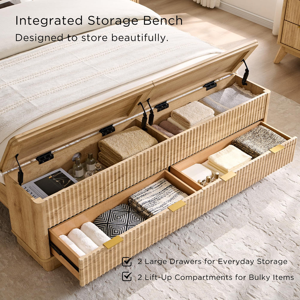 Fluted Queen Bed with Headboard and Storage Bench, Natural Oak