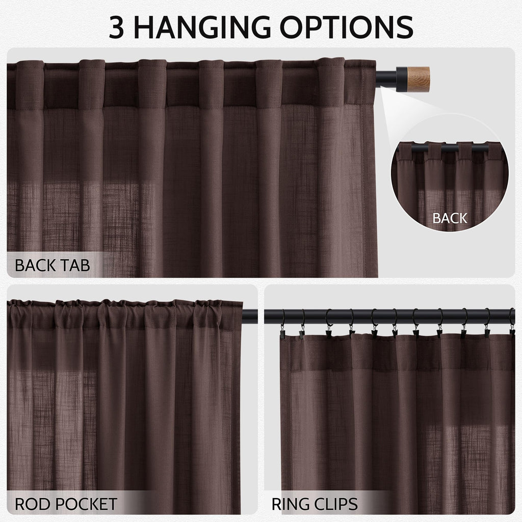 Coffee Brown Extra Long Linen Curtains 120 Inch Set Rod Pocket Back Tab Light Filtering Semi Sheer Drapes Privacy