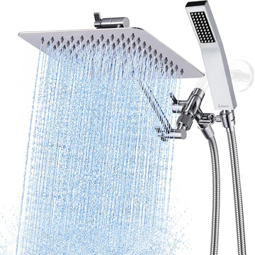 All Metal 8 Inch Dual Square Shower Head with Handheld Spray Combo, Rain Shower Head, Adjustable Extension Arm