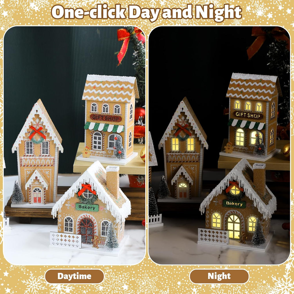 Xmas Gingerbreads House with LED Light, Paper Christmas Village Set