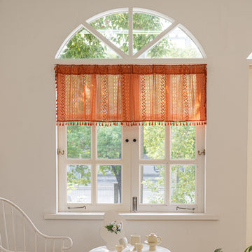 Boho Valance Short Curtains Crochet Lace Sheer Bohemian Hollow Knitted with Tassels, Privacy Vintage Rustic Farmhouse