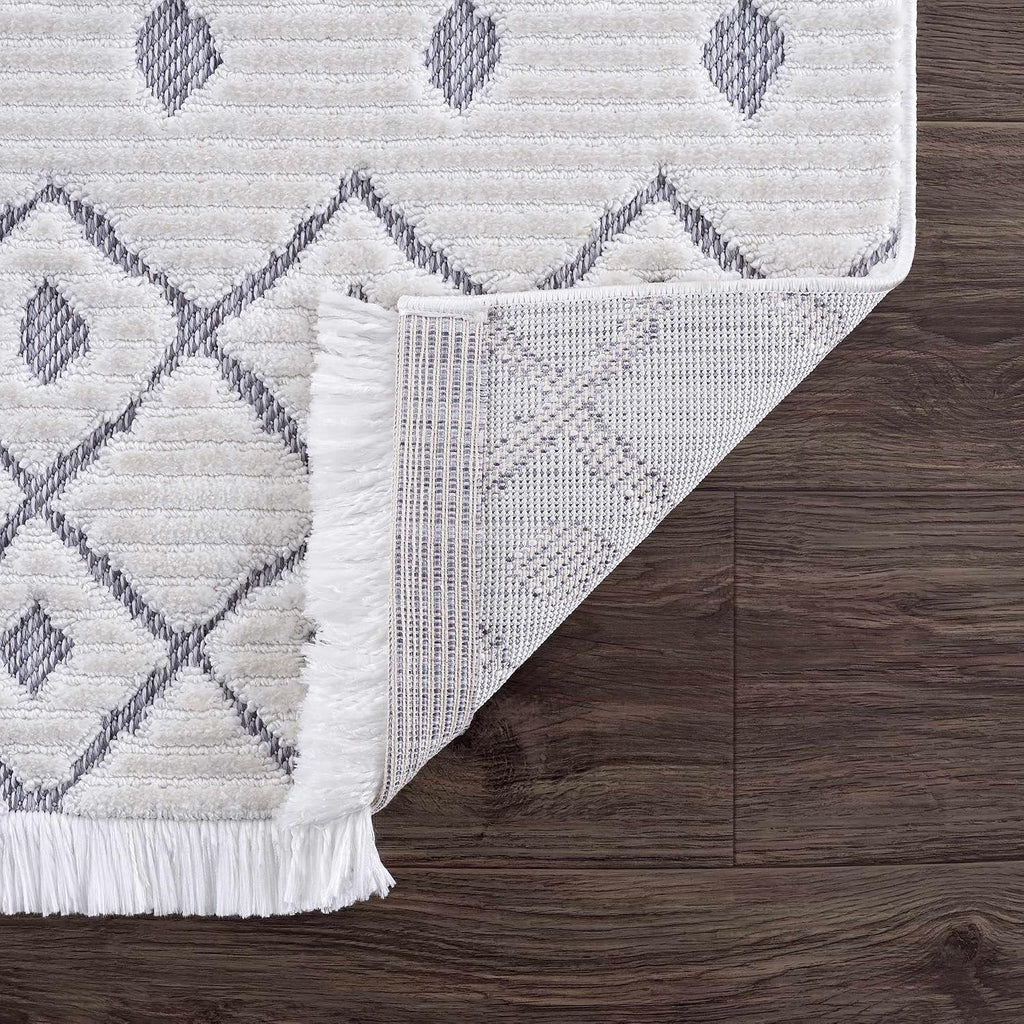 Trellisade Collection Living Room Area Rug - Moroccan Trellis Farmhouse - High Low Fringe Carpet - White, Cream, Gray