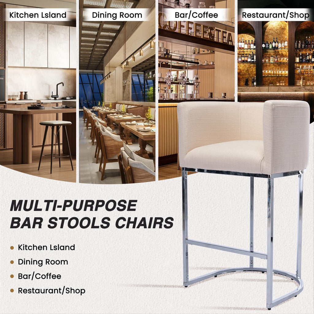Modern Counter Height Linen Fabric Upholstered Counter Stools Set of 3, 29 Inch Cream Kitchen Island Stools with