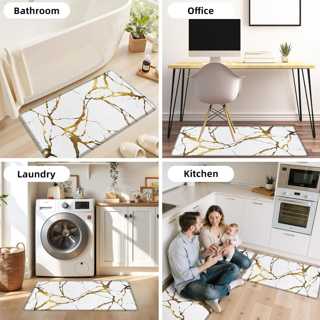 Gold White Kitchen Mats for Floor 2 Pcs 17.3"X28"+17.3"X47" | Modern Marble, Anti Fatigue, PVC Non Slip, Waterproof
