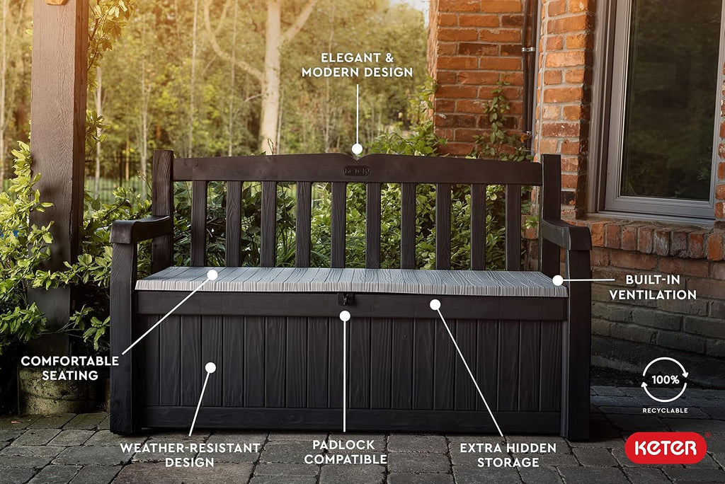 Solana 70 Gal Outdoor Storage Bench and Pool Accessories | Grey, Resin, Seating, Weatherproof, Lockable, Durable