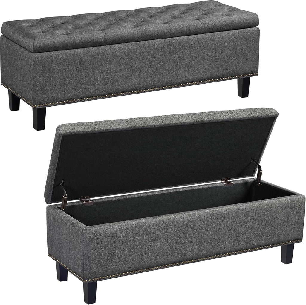 49in Square Storage Ottoman Coffee Table with Nailhead, Dark Gray | Button-Tufted Linen-Look Fabric Bench, 3.5C
