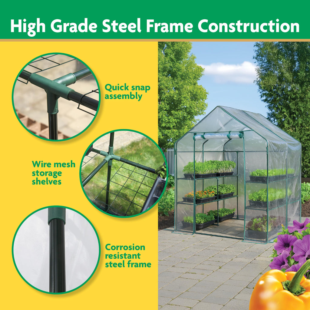 Walk-in Greenhouse, Removable Shelves, Clear, 4'8" Square