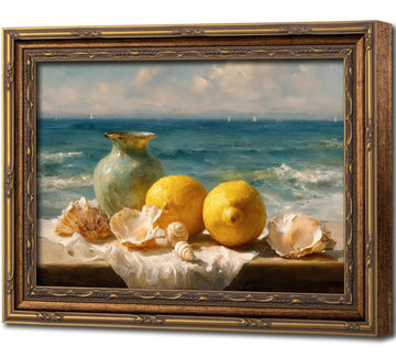 Vintage Gold Framed Lemon Seashell Coastal Canvas Wall Art 12x16 In