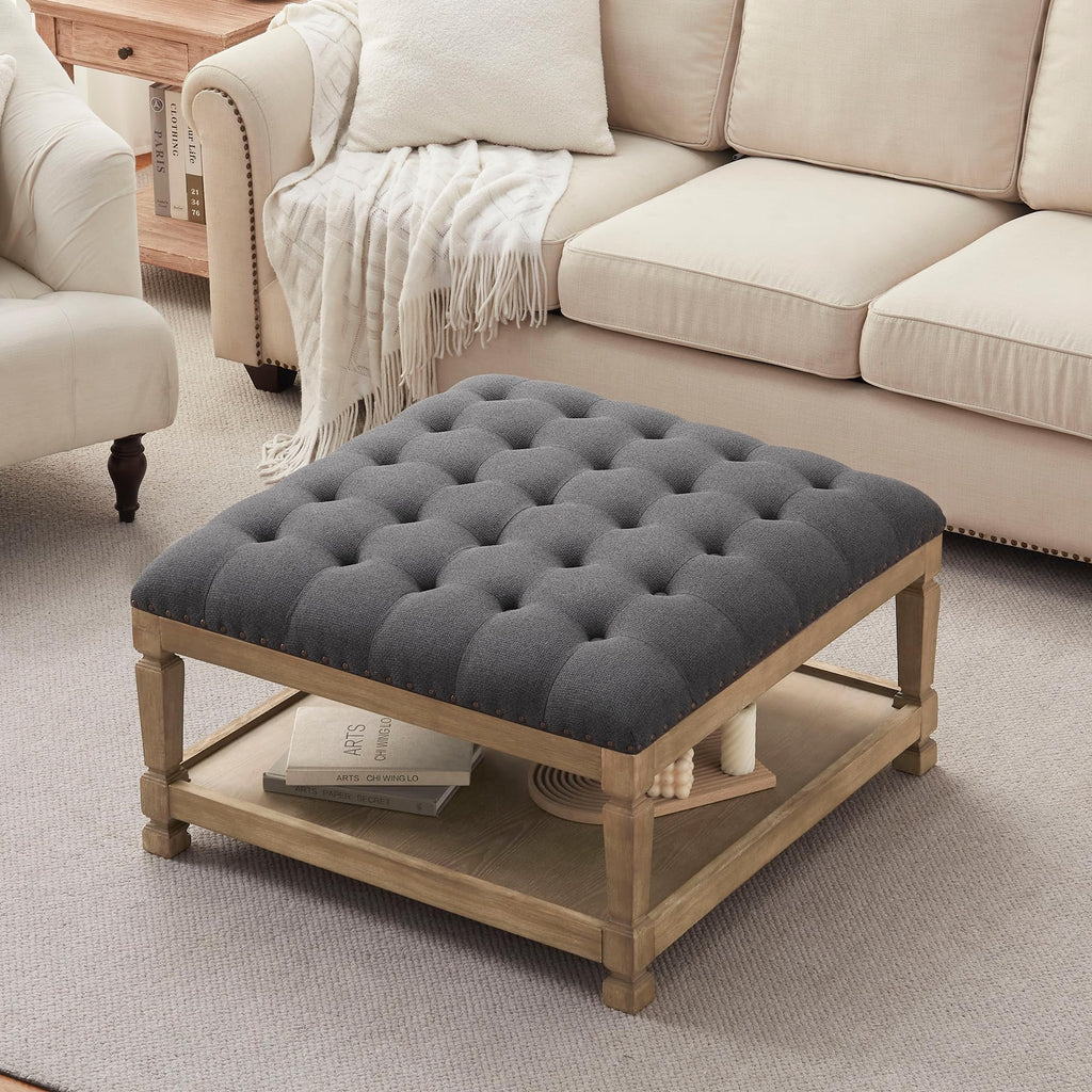Ottoman Coffee Table, Square Wooden Upholstered Tufted Ottoman Foot Rest with Storage, Padded Linen Coffee Tables for