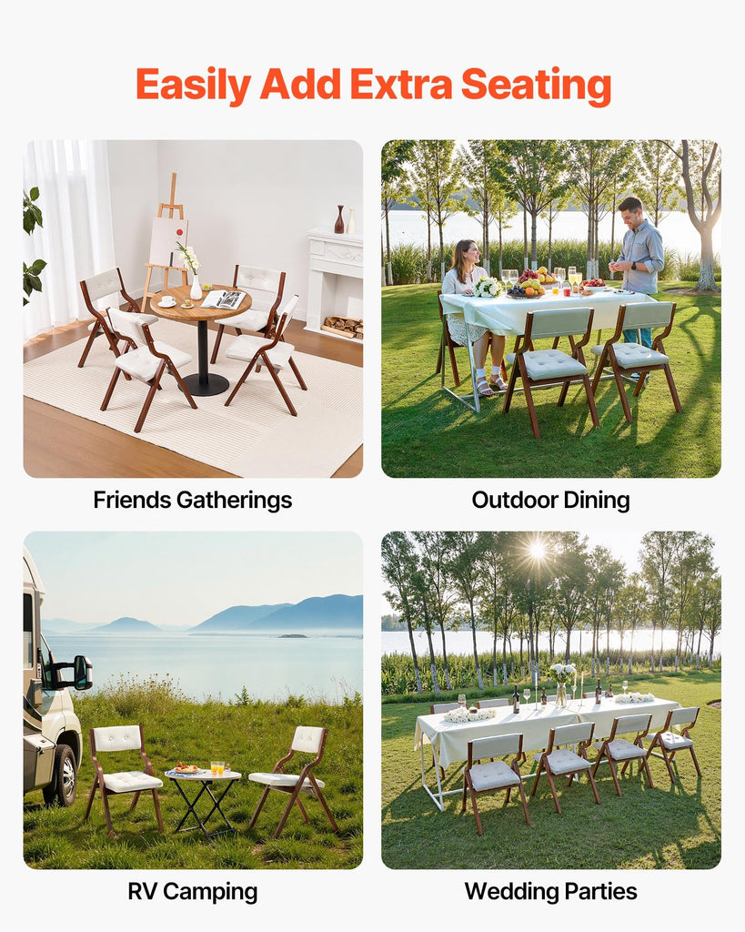 Wooden Folding Chairs with Cushion, Set of 4, Portable Foldable Cushion Chair with Wooden Frame, Modern Padded Dining