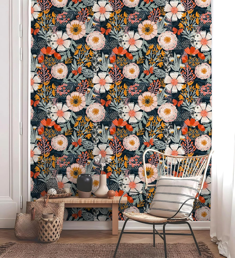 Navy Floral Peel and Stick Wallpaper Boho Mural 17.3in x 32.8ft | Vintage Textured Wall Paper Renter Friendly