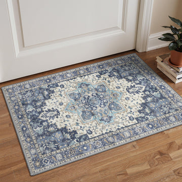 2x3 Washable Entryway Rug Non Slip Indoor Door Mat Blue Ivory