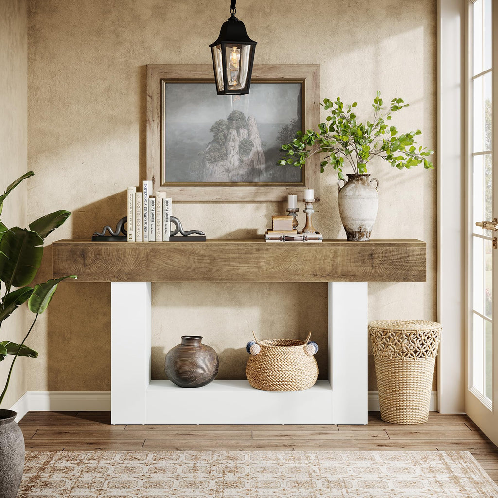 63-Inch Long Console Table, 2-Tier Entryway Table Sofa Table with Storage, Farmhouse Wood Behind Couch Table, Light