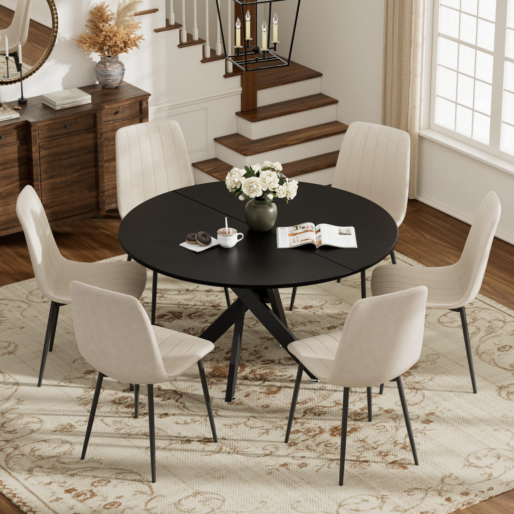 47" Modern Round Kitchen Table for 2-6, Save Space Black Wooden Circle Dining Table with Wooden Table Top &