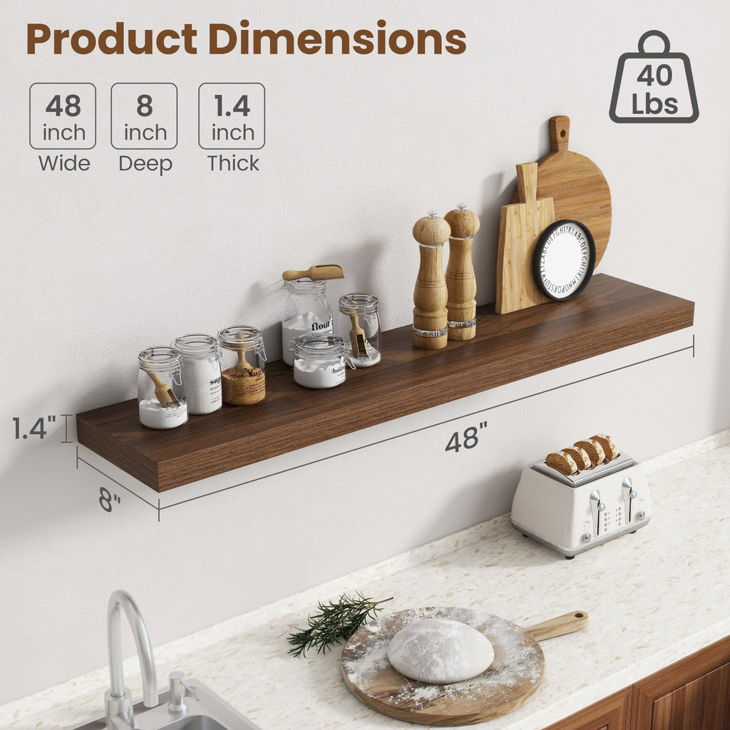 48 Inch Floating shelves for Wall, 8 Inch Deep, Invisible Brackets, Walnut