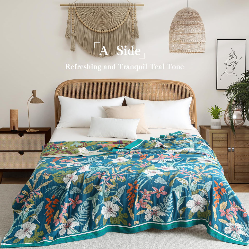 Boho Throw Blanket Twin Size, Soft Cozy Cotton Muslin Quilt Blanket for Bed Decor, Floral Patterned Couch Sofa Chair