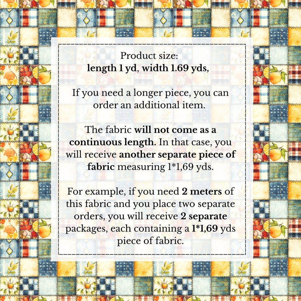Patchwork Cotton Fabric Panel 61 x 36.6 Inches, Lemon Fruit Quilt Style Pattern, Rustic Blue Yellow Design, 100%