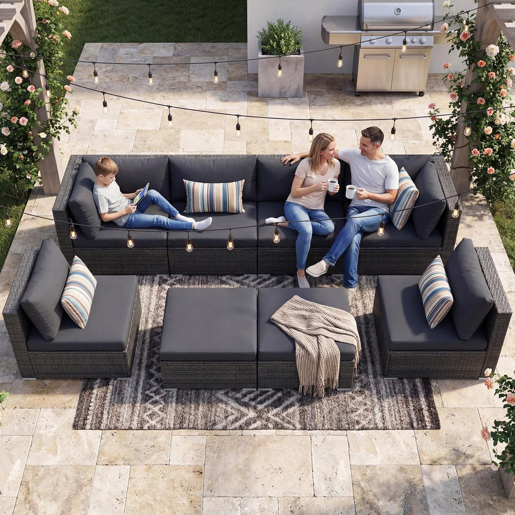 8 Seater Modern Luxury Outdoor Furniture Set, Extra Large PE Wicker Patio Modular Sectional Sofa with Ottoman, 29.3''