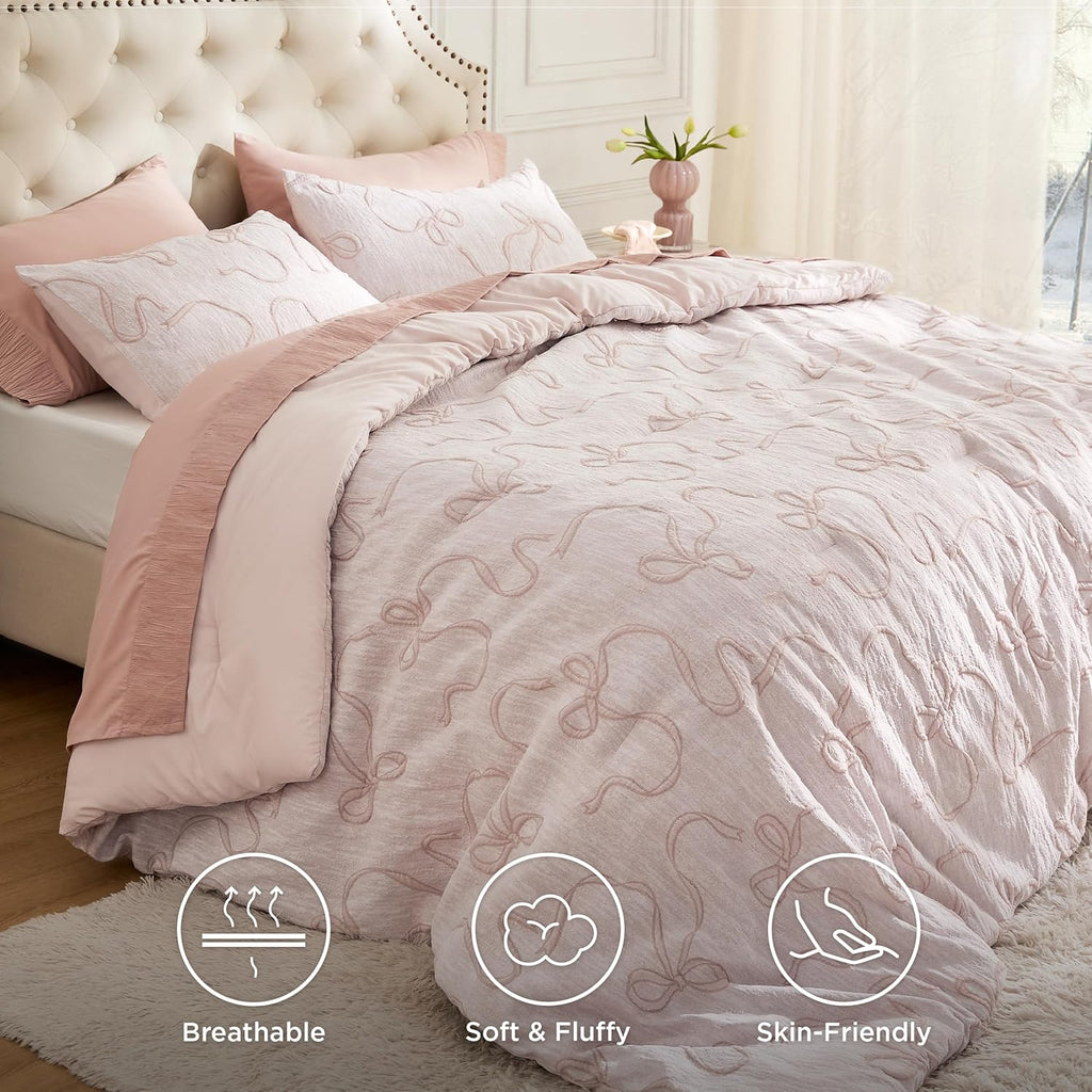 Pink Full Comforter Sets for Girls, GentleSoft 3 Pieces Bow Comforter with 2 Pillow Shams, Cute Girls Full Bedding