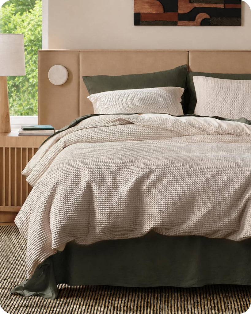 Cotton Duvet Cover King - 100% Cotton Waffle Weave Linen Color Duvet Cover, PureWoven Breathable King Bedding Set for All Season, 3 Pieces, 104"x90"