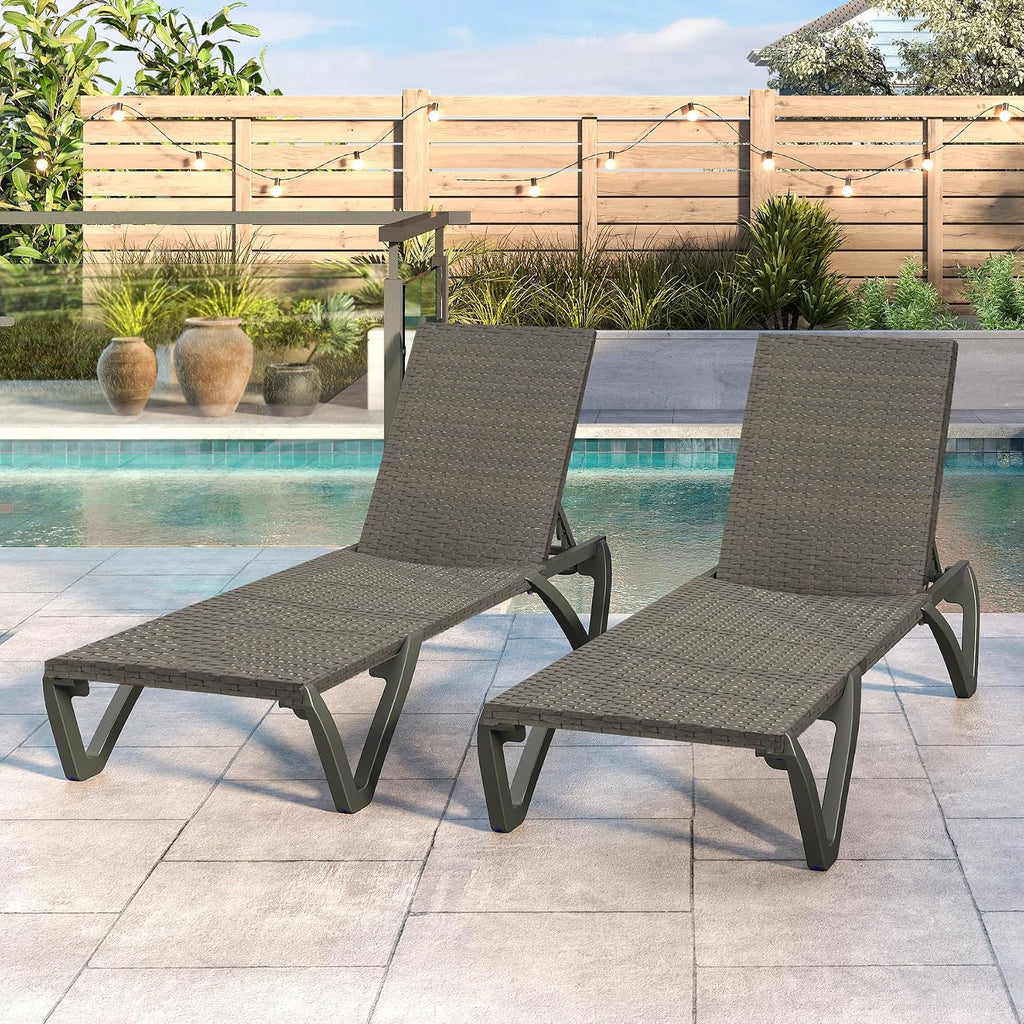 Pool Lounge Chairs Set of 2, Wicker Adjustable Outdoor Chaise Lounge with Wheels, All Weather Poolside Chairs for